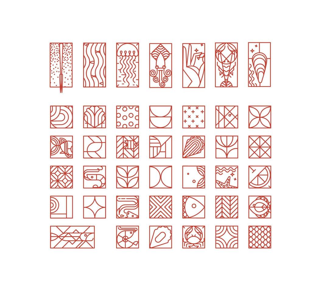 Set of creative modern art deco seafood icons in flat line style drawing on white background. vector