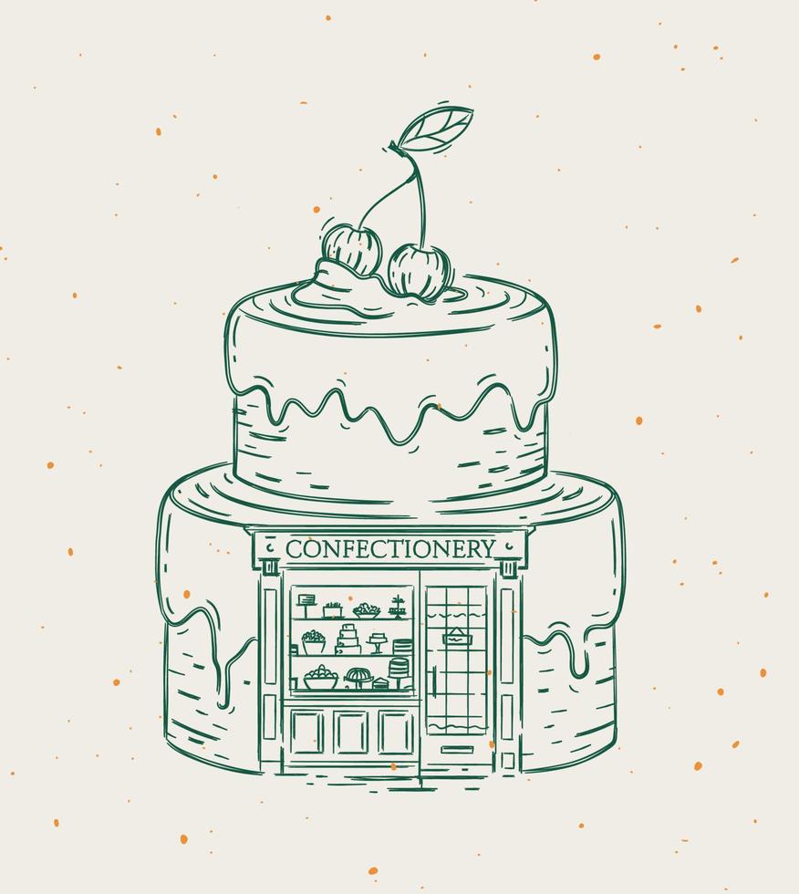 Cake a storefront of confectionery drawing in vintage style on beige background vector