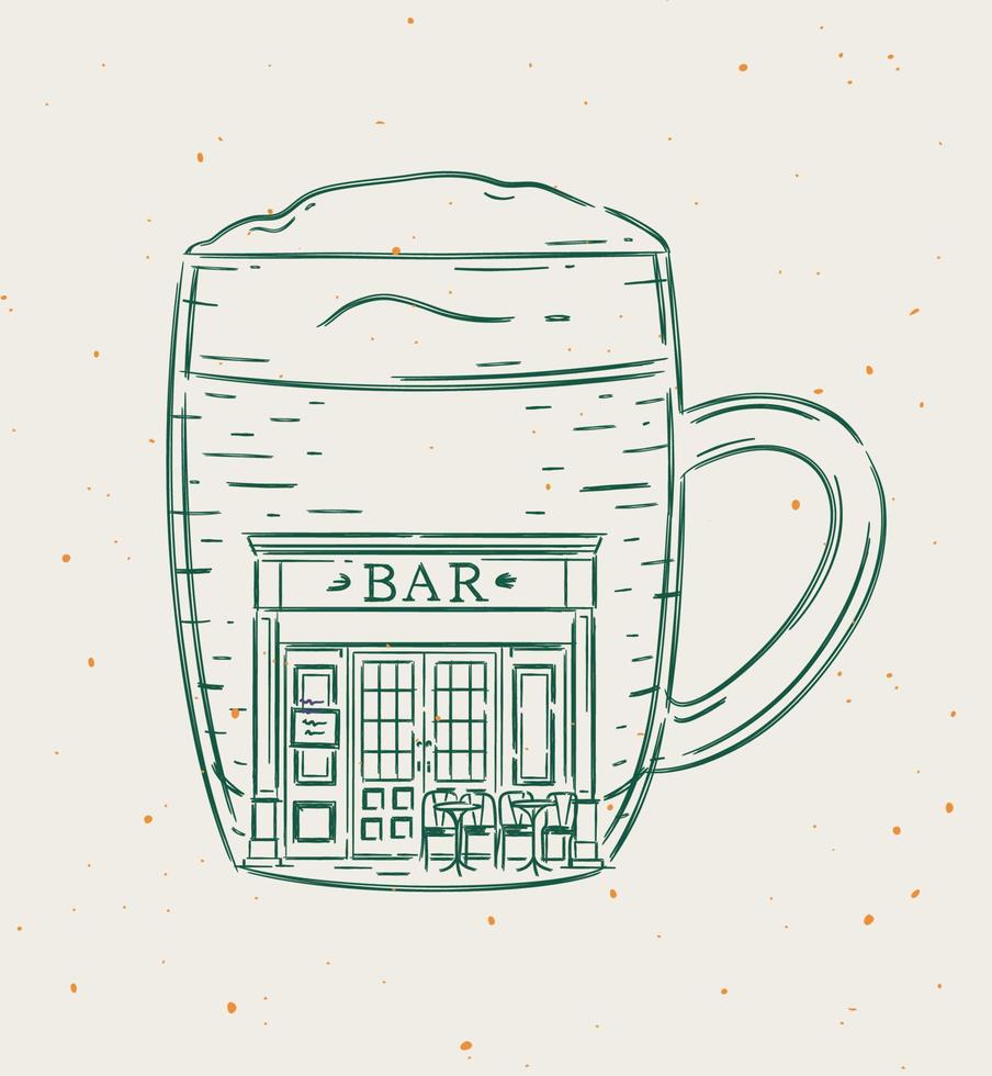 Glass of beer a storefront of bar drawing in vintage style on beige background vector
