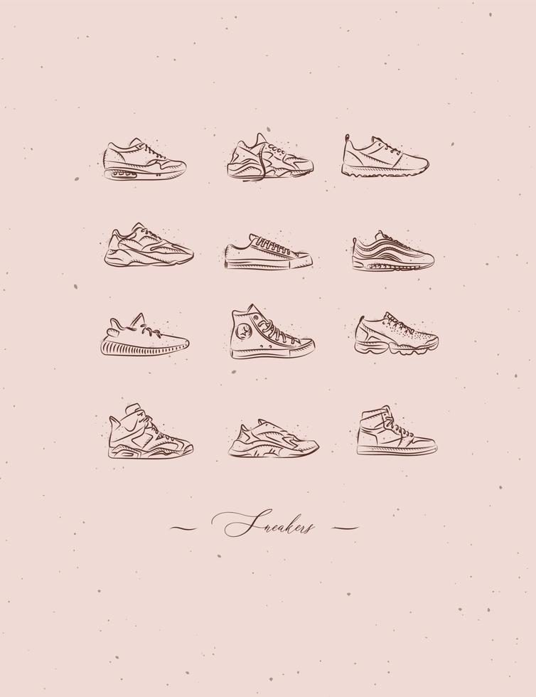 Men shoes different types of sneakers set drawing in vintage style on peach color background vector