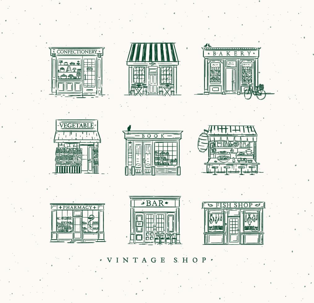 Set of cafe and shops confectionery, coffee, bakery, vegetable, book, Asian food, pharmacy, bar, fish drawing in vintage style with green lines vector