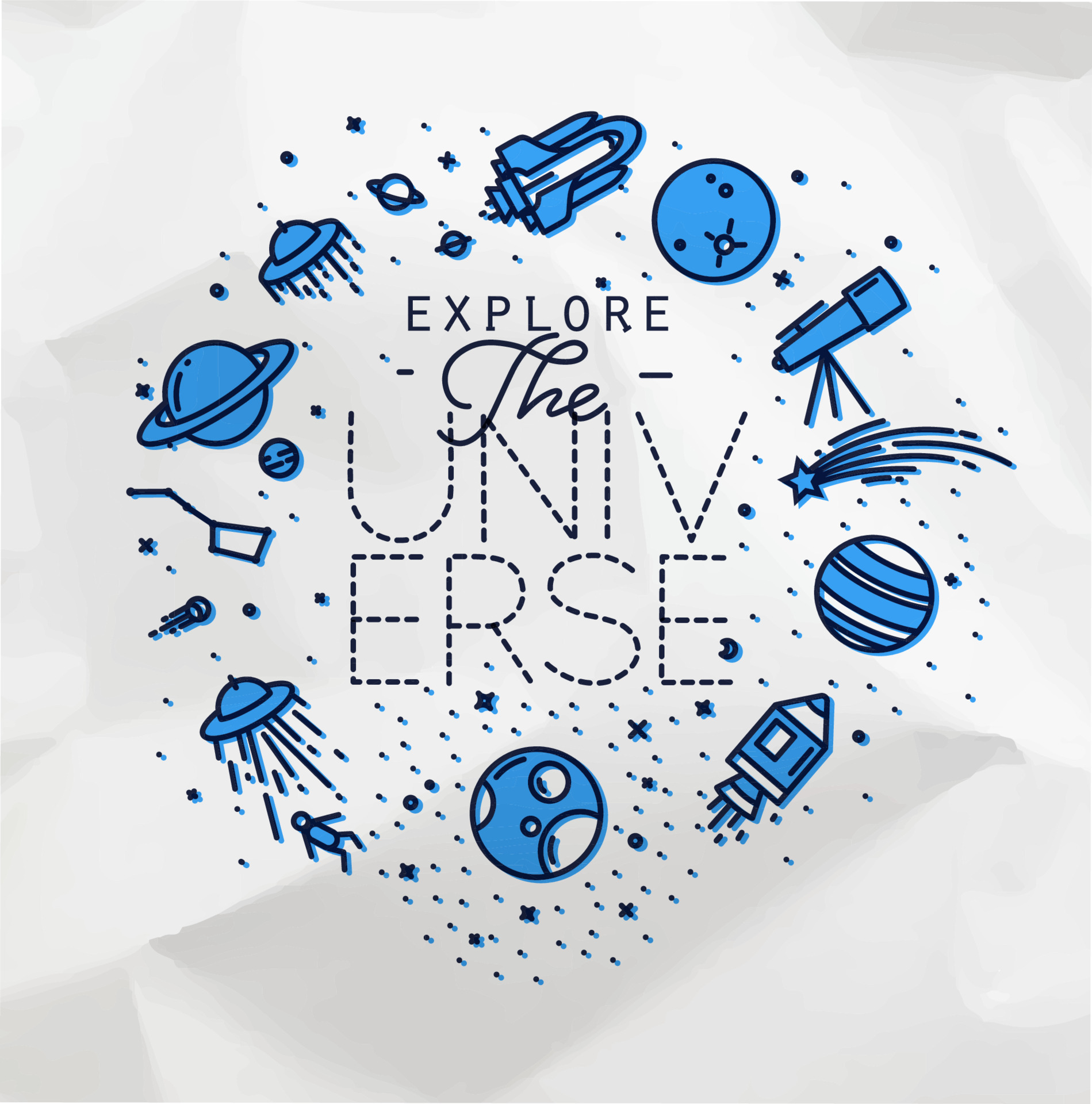 Space flat monogram lettering explore the universe drawing with grey ...