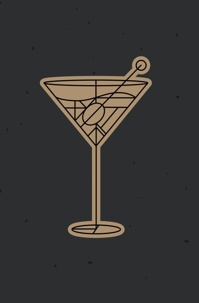 Cóctel art deco martini sucio dibujo en estilo de línea sobre fondo oscuro vector