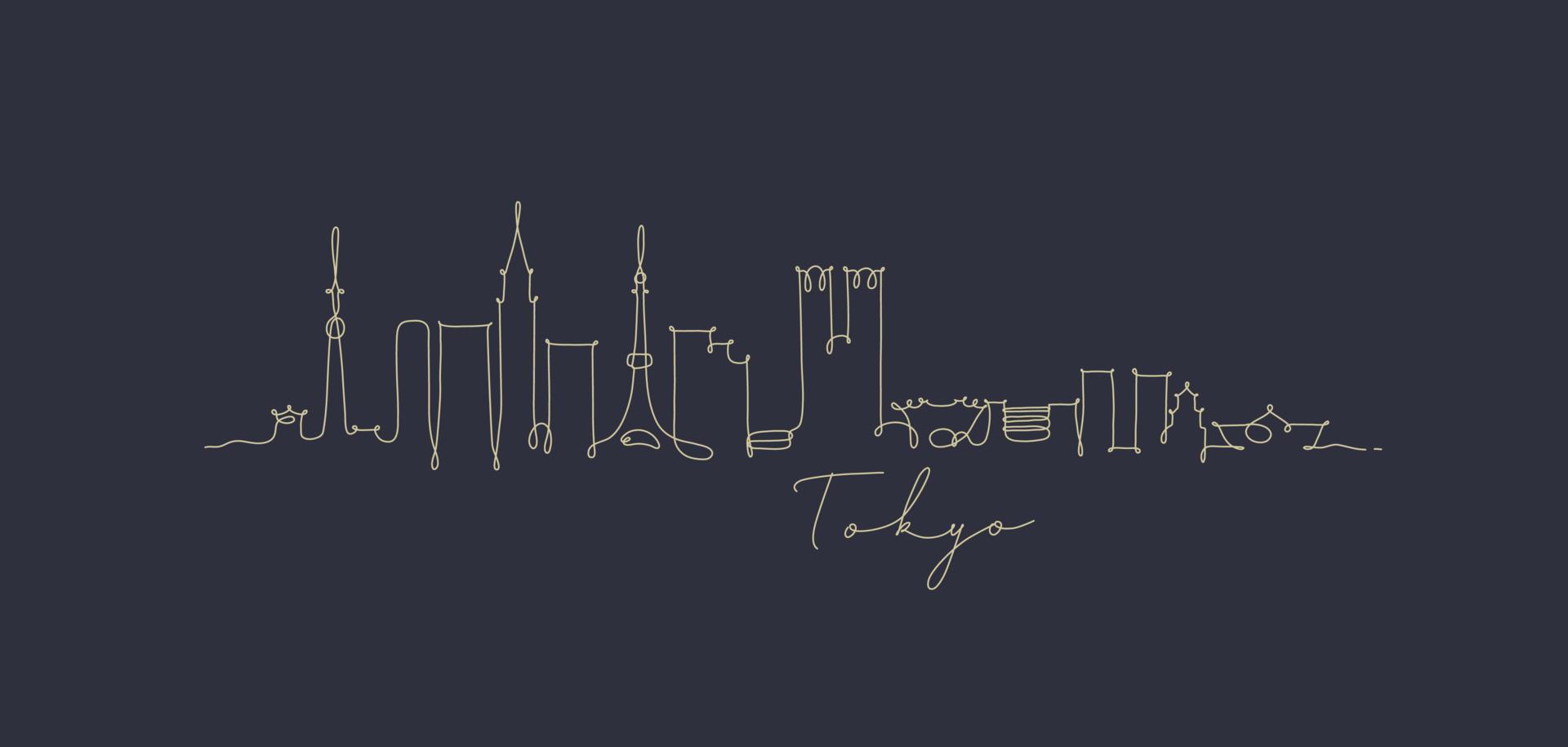 City silhouette tokyo in pen line style drawing with beige lines on dark blue background vector