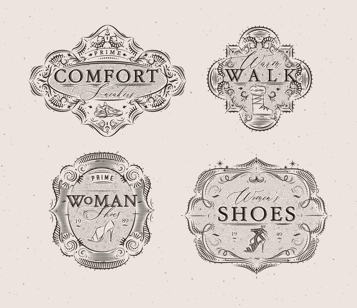Shoes labels vintage with inscriptions comfort sneakers, warm walk, woman footwear drawing in retro style on beige background vector