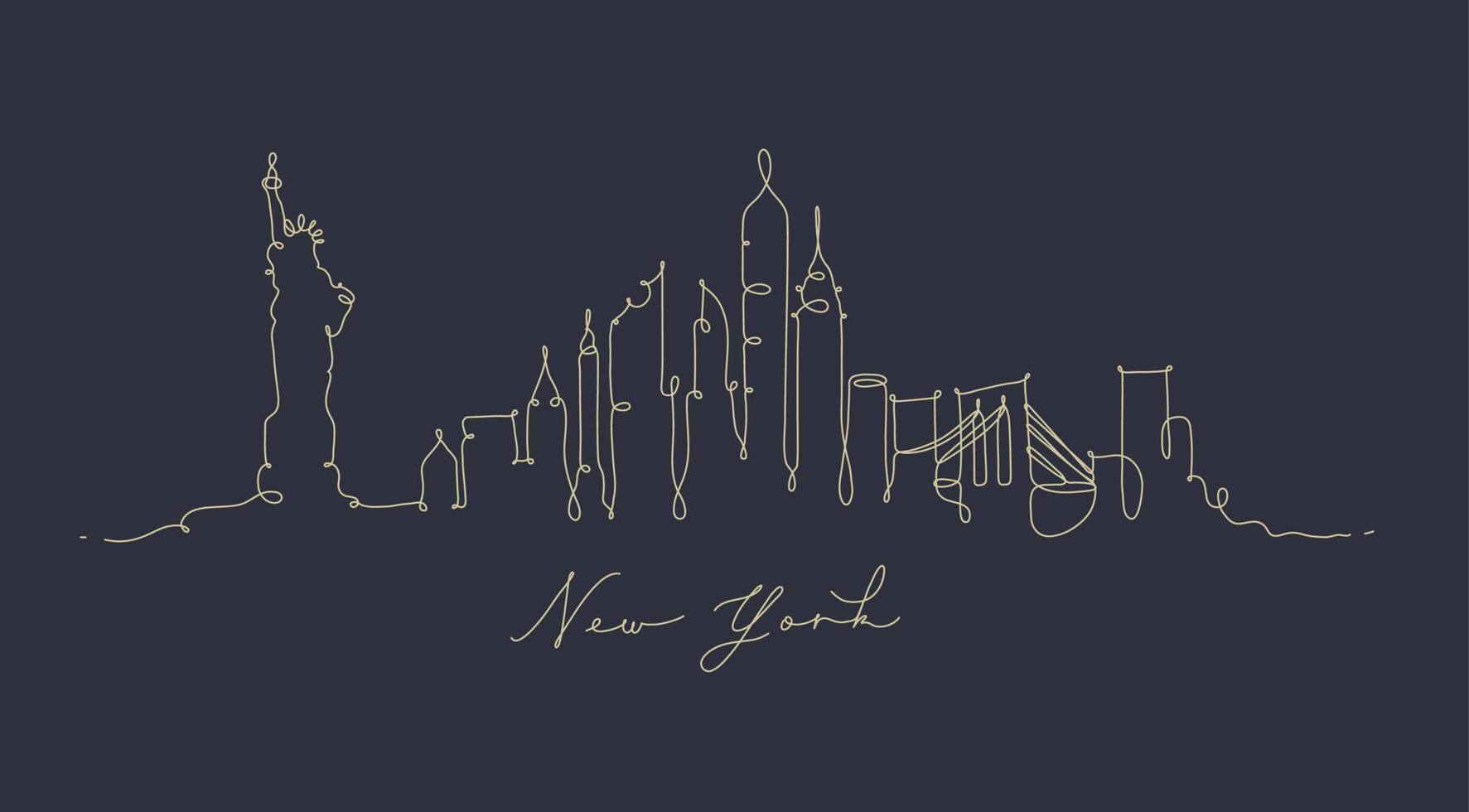 silueta de la ciudad de nueva york en un estilo de línea de pluma con líneas beige sobre fondo azul oscuro vector