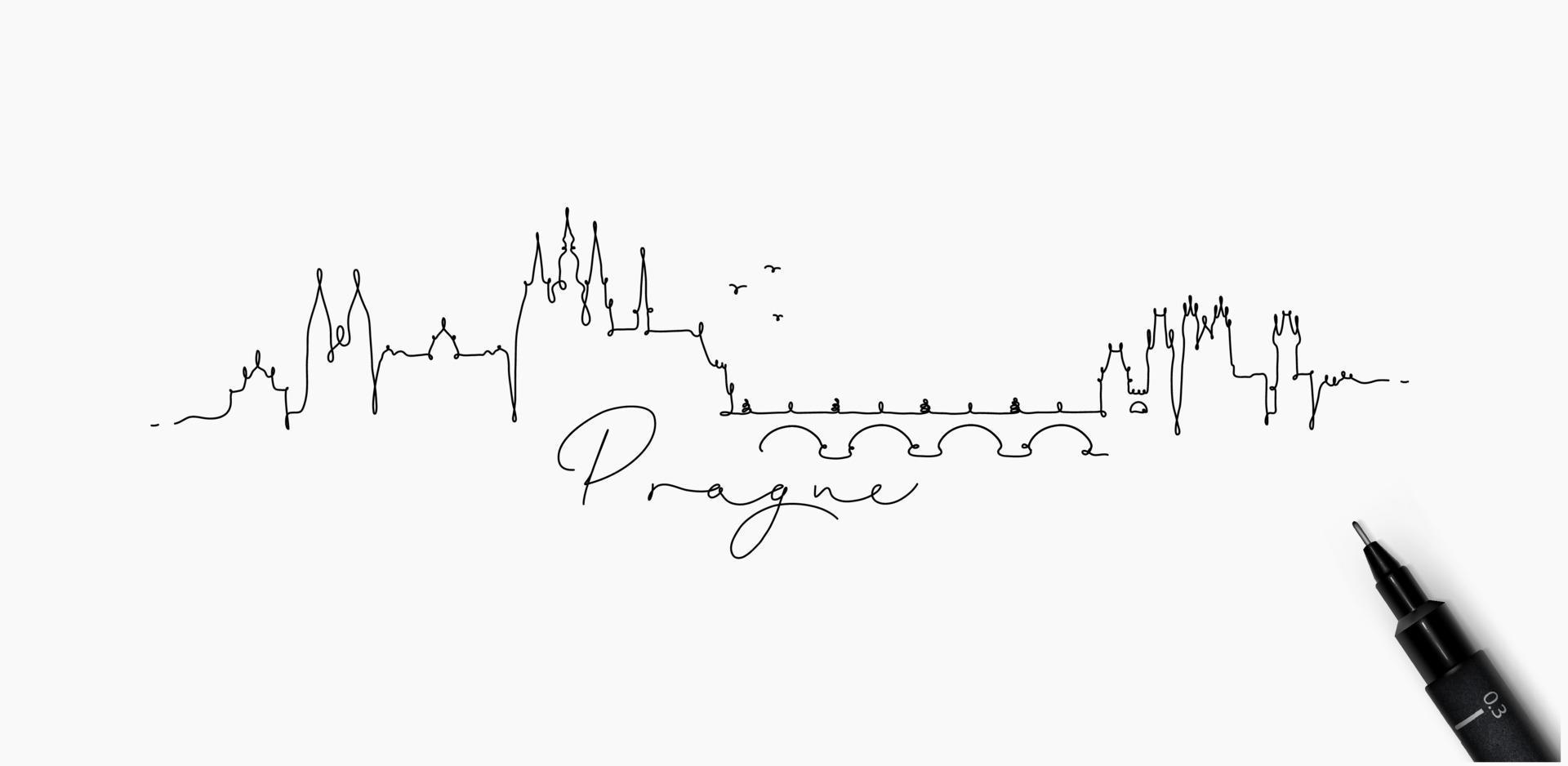 silueta de la ciudad de praga en un dibujo de estilo de línea de lápiz con líneas negras sobre fondo blanco vector