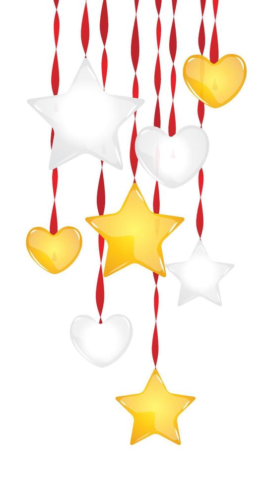 Volume of the heart and the stars hanging on ribbons decorating holiday Elements. Christmas decorations holidays vector