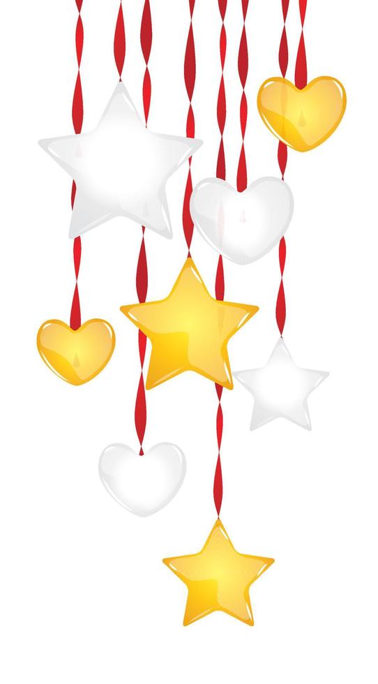 volumen del corazón y las estrellas colgando de cintas que decoran elementos de vacaciones. decoraciones navideñas vacaciones vector