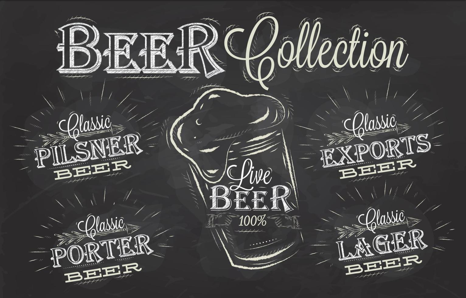 Names of different types of beer porter, exports, lager, live deer, pilsner, stylized drawing with chalk on blackboard vector
