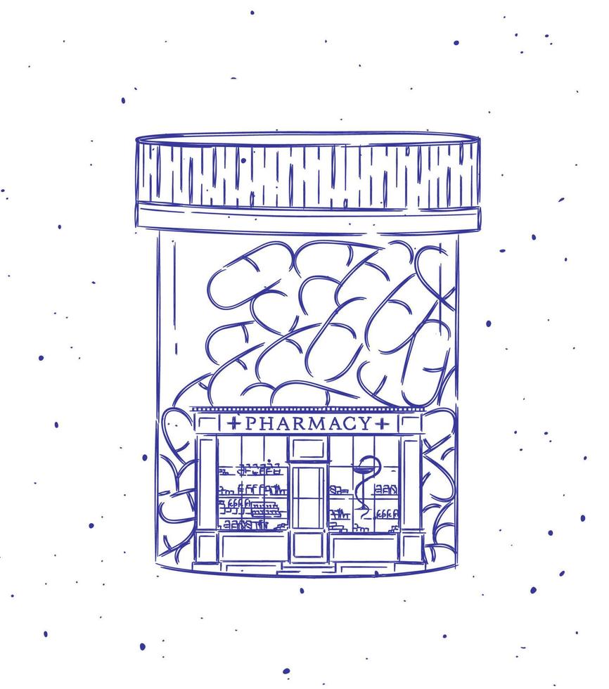 Pill box a storefront of pharmacy drawing in vintage style on white background vector