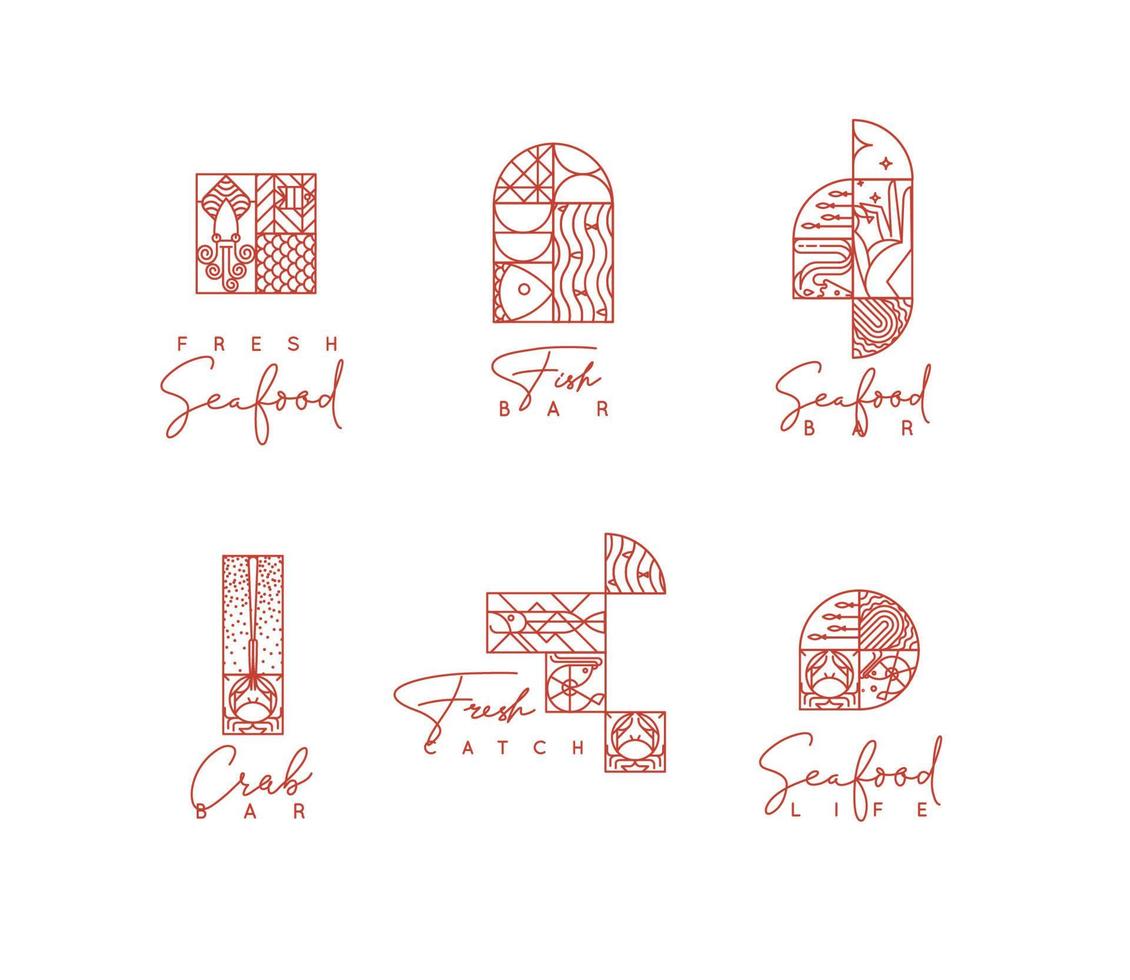Set of creative modern art deco seafood symbols in flat line style drawing on white background. vector