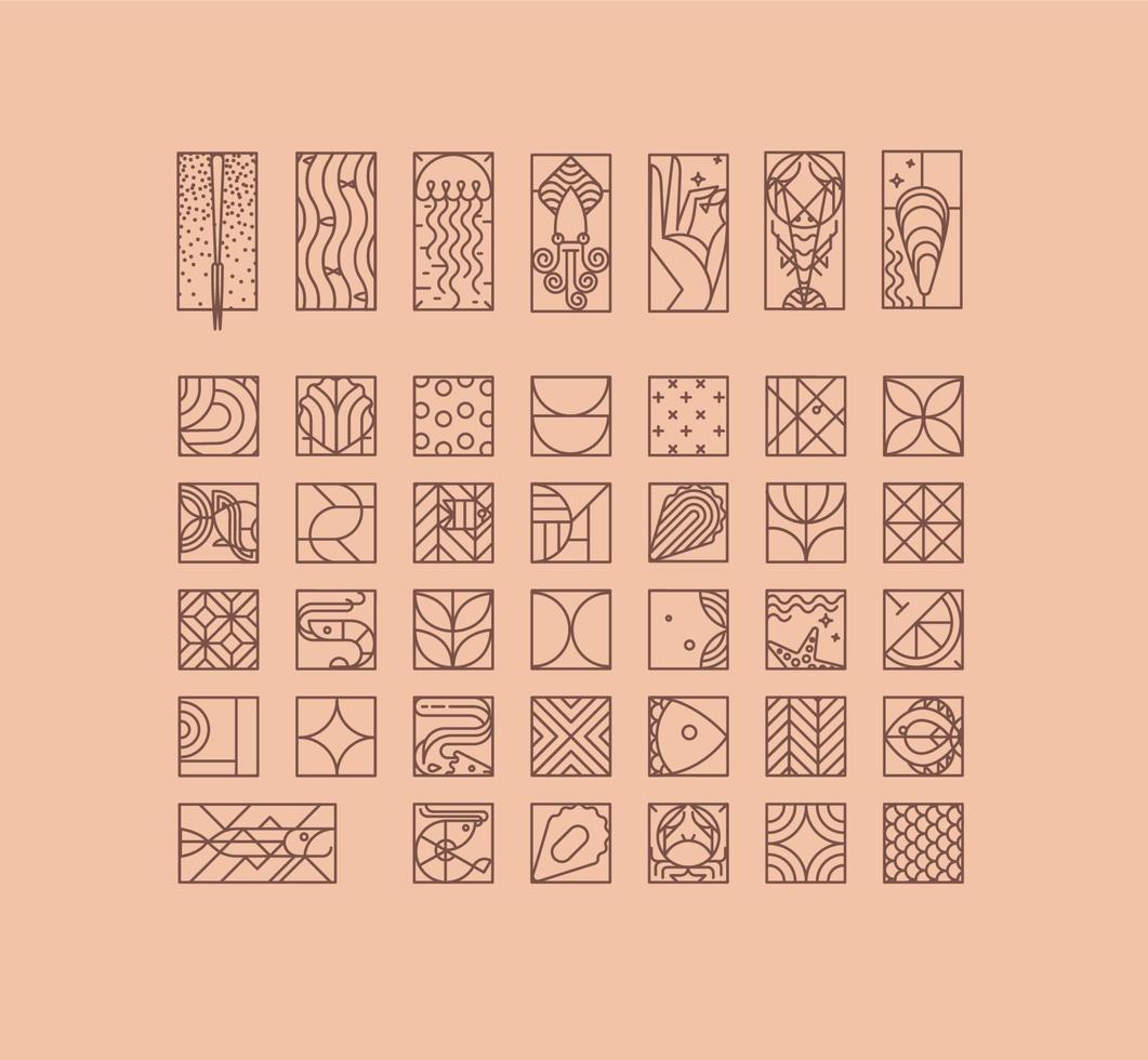 Set of creative modern art deco seafood icons in flat line style drawing on beige background. vector