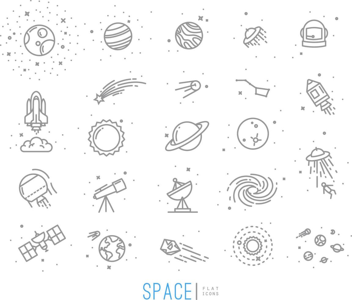 Space flat icons drawing with grey lines on white background. vector