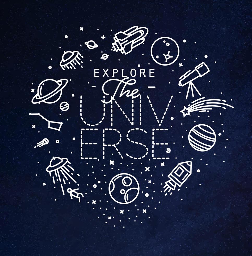 las letras del monograma plano del espacio exploran el dibujo del universo con líneas blancas sobre fondo azul vector