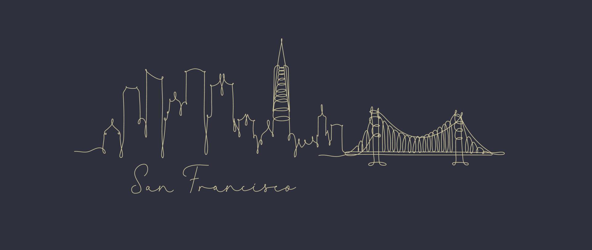 City silhouette san francisco in pen line style drawing with beige lines on dark blue background vector