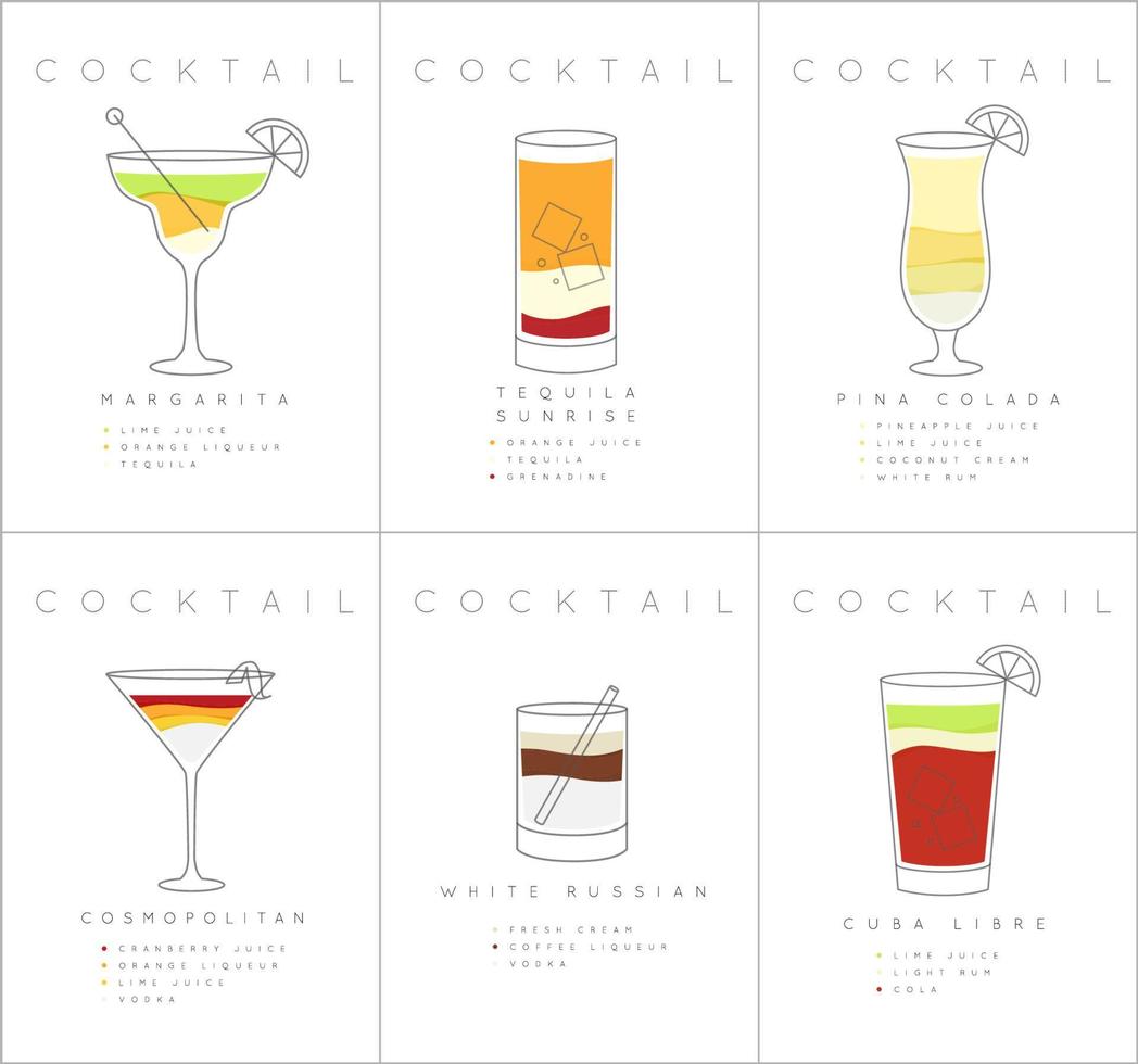 Set of flat cocktail posters margarita, tequila sunrise, pina colada, cosmopolitan, white russian, cuba libre drawing on white background vector