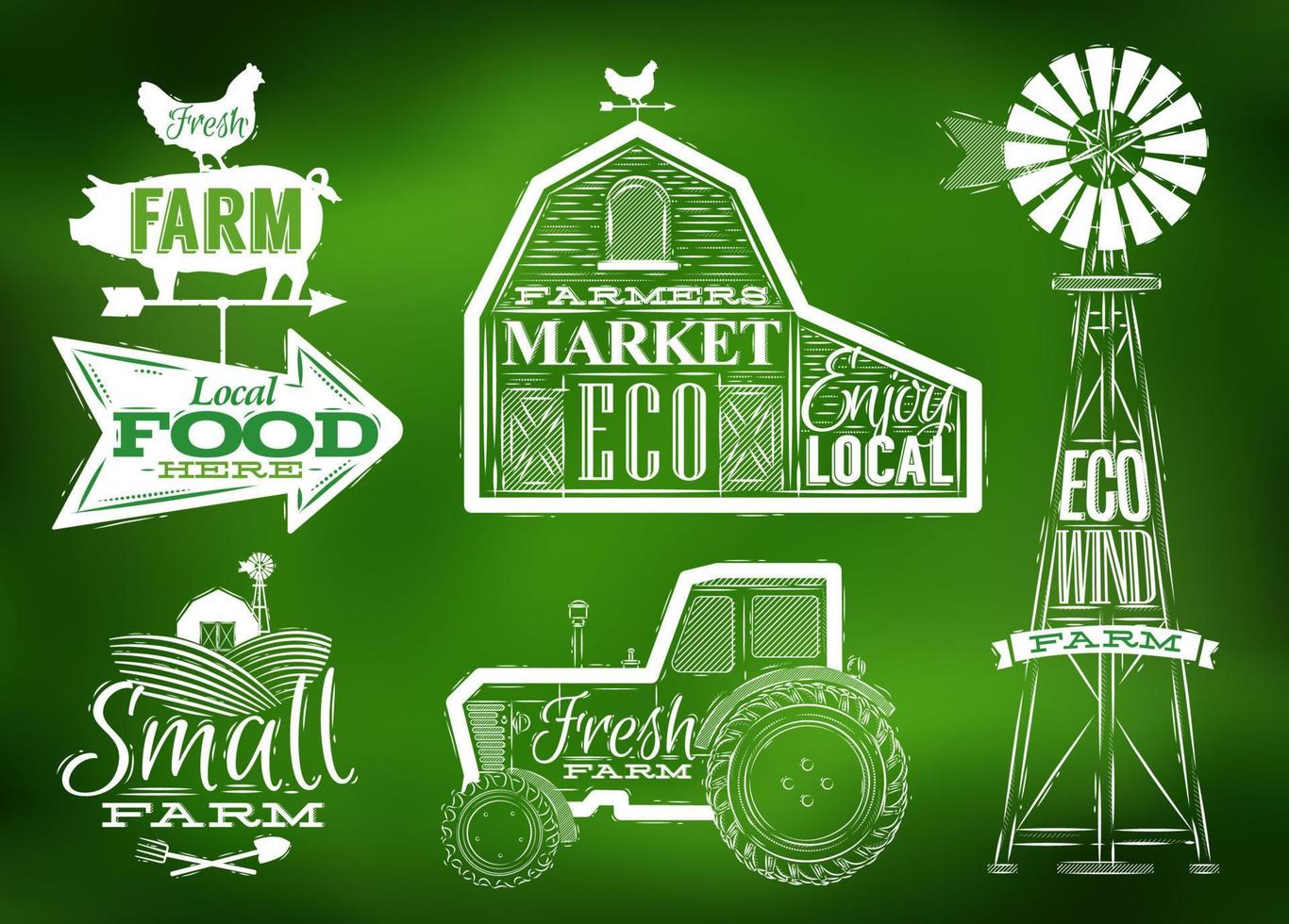 Farm characters in vintage style lettering in tractor barn and the mill and the sign field stylized drawing in green vector