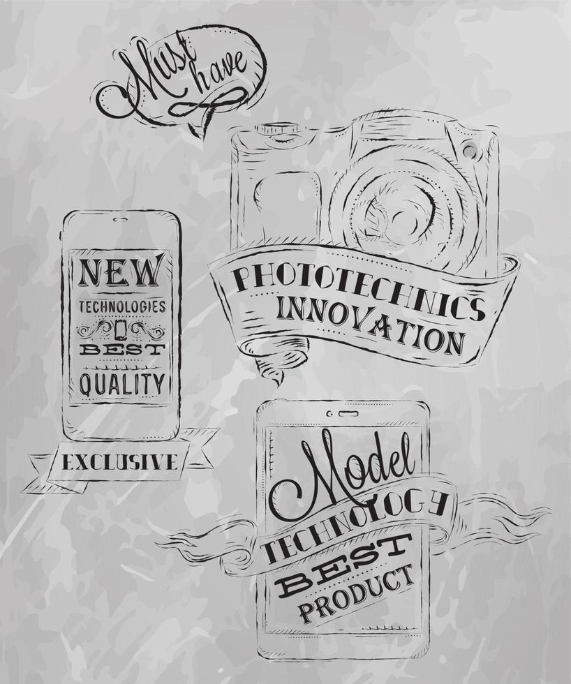 Elements on modern technology mobile tablet device camera in vintage style stylized under the chalk drawings gray vector