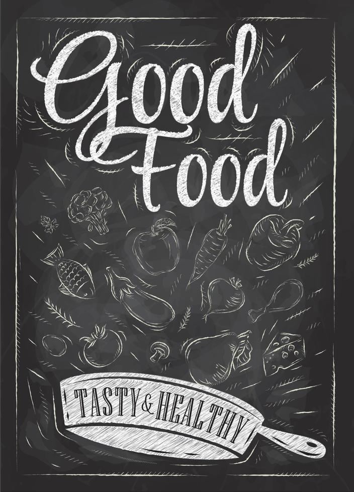 Poster good food with frying pan in which the products fly stylized drawing with chalk on blackboard. vector