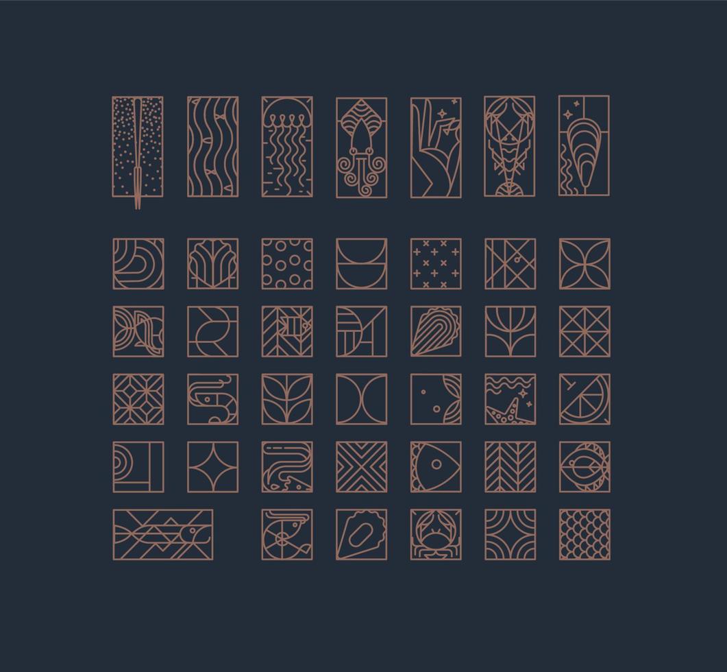 Set of creative modern art deco seafood icons in flat line style drawing on brown background. vector