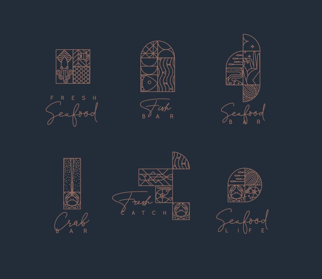 Set of creative modern art deco seafood symbols in flat line style drawing on brown background. vector