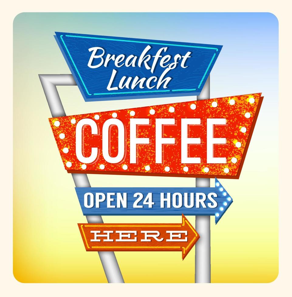 Retro Neon Sign Coffee and Breakfest lettering in the style of American roadside advertising vintage style 1950s vector