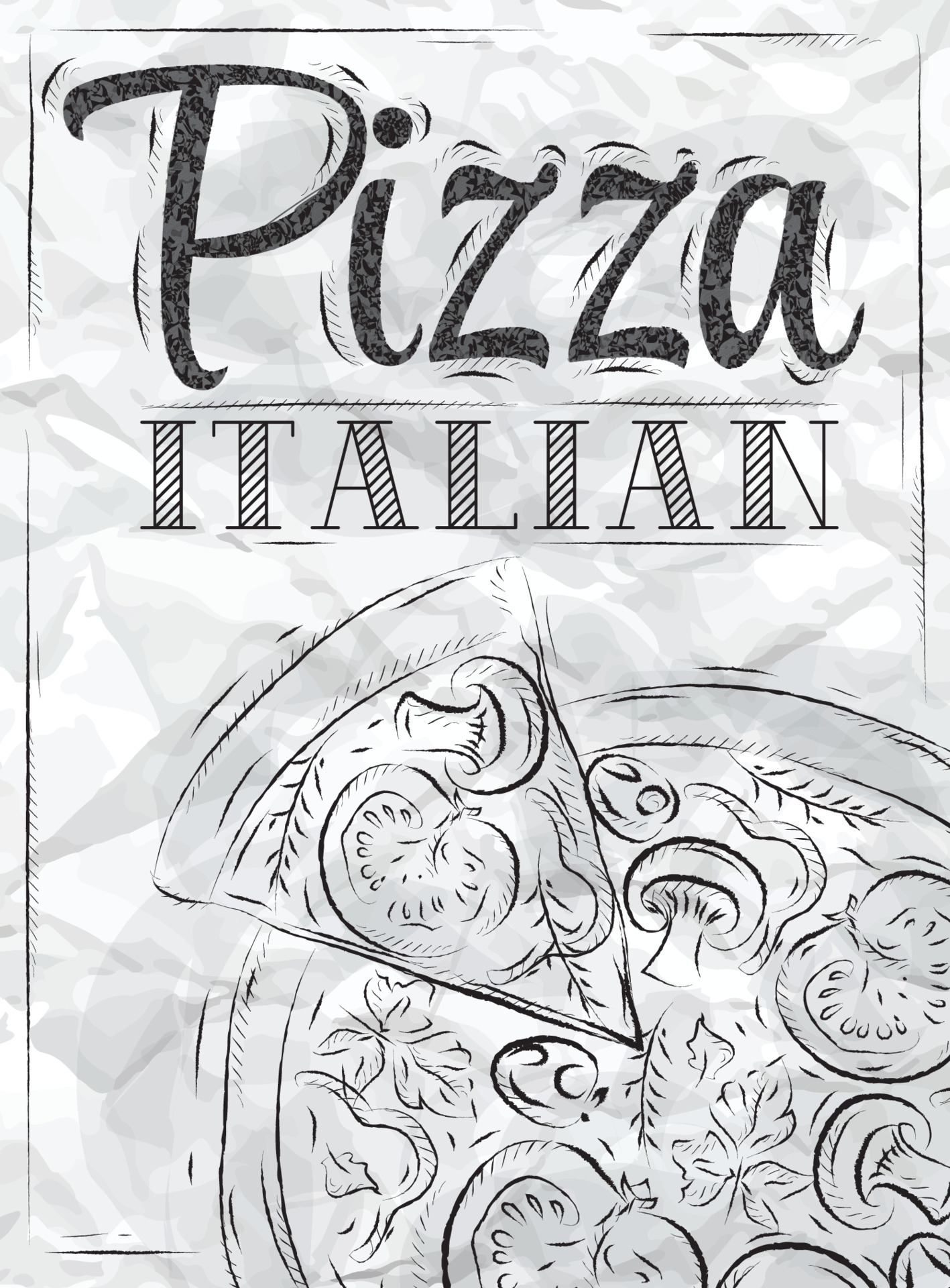 Doodle pizza. Italian food outline sketch, pepperoni mushrooms