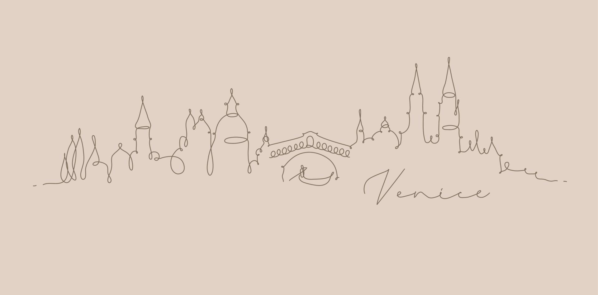 silueta de la ciudad de venecia en un dibujo de estilo de línea de lápiz con líneas marrones sobre fondo beige vector