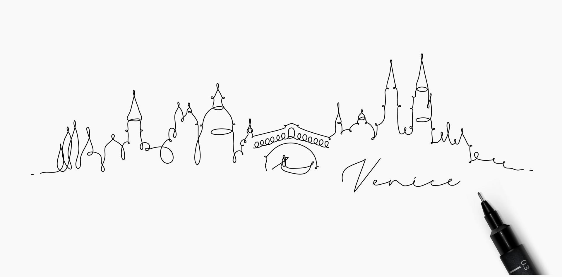 silueta de la ciudad de venecia en un dibujo de estilo de línea de lápiz con líneas negras sobre fondo blanco vector