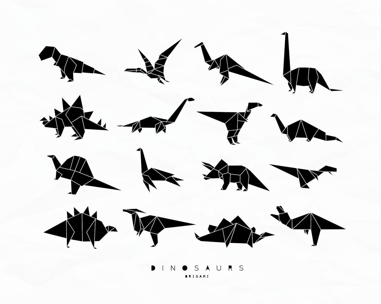 Set of dinosaurs in flat origami style tyrannosaurus, pterodactyl, barosaurus, stegosaurus, deinonychus, euoplocephalus, triceratops, jurassic, diplodocus, brachiosaurus on white background vector