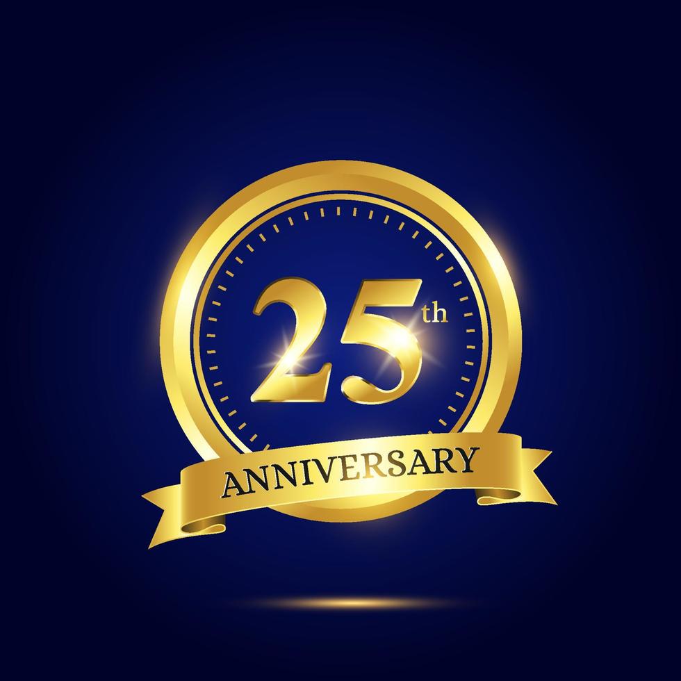 25th anniversary celebration. Luxury celebration template with golden circle and ribbon on dark blue background. Elegant vector template for invitation card, celebration, greeting cards and other.