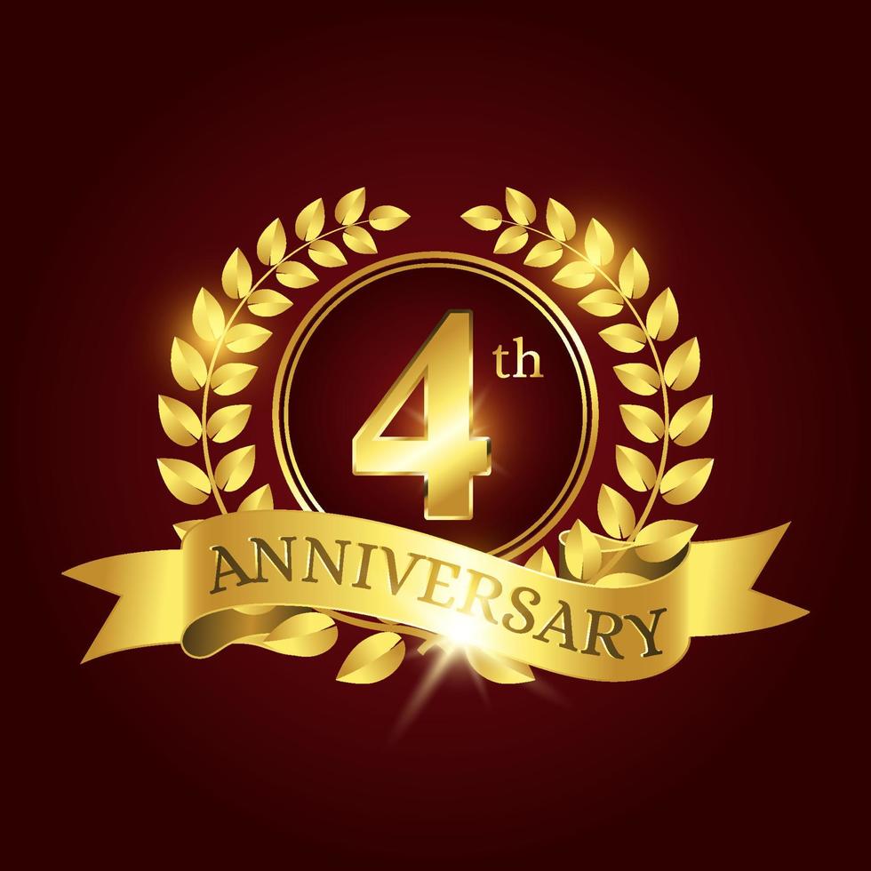 4th anniversary celebration. Luxury celebration template with golden laurel and ribbon on dark red background. Elegant vector template for invitation card, celebration, greeting cards and other.