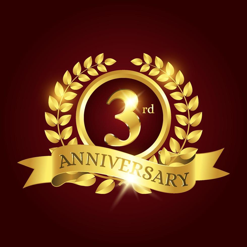 3rd anniversary celebration. Luxury celebration template with golden laurel and ribbon on dark red background. Elegant vector template for invitation card, celebration, greeting cards and other.