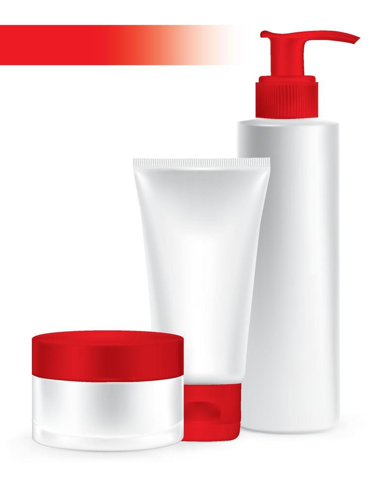 Composition of packaging containers red color, cream, beauty products set. vector