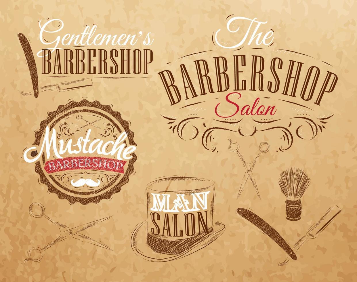 Set Barbershop, scissors, shaving brush, razor, cylinder, in a retro style and stylized for the drawing on kraft paper of red, white, brown. vector