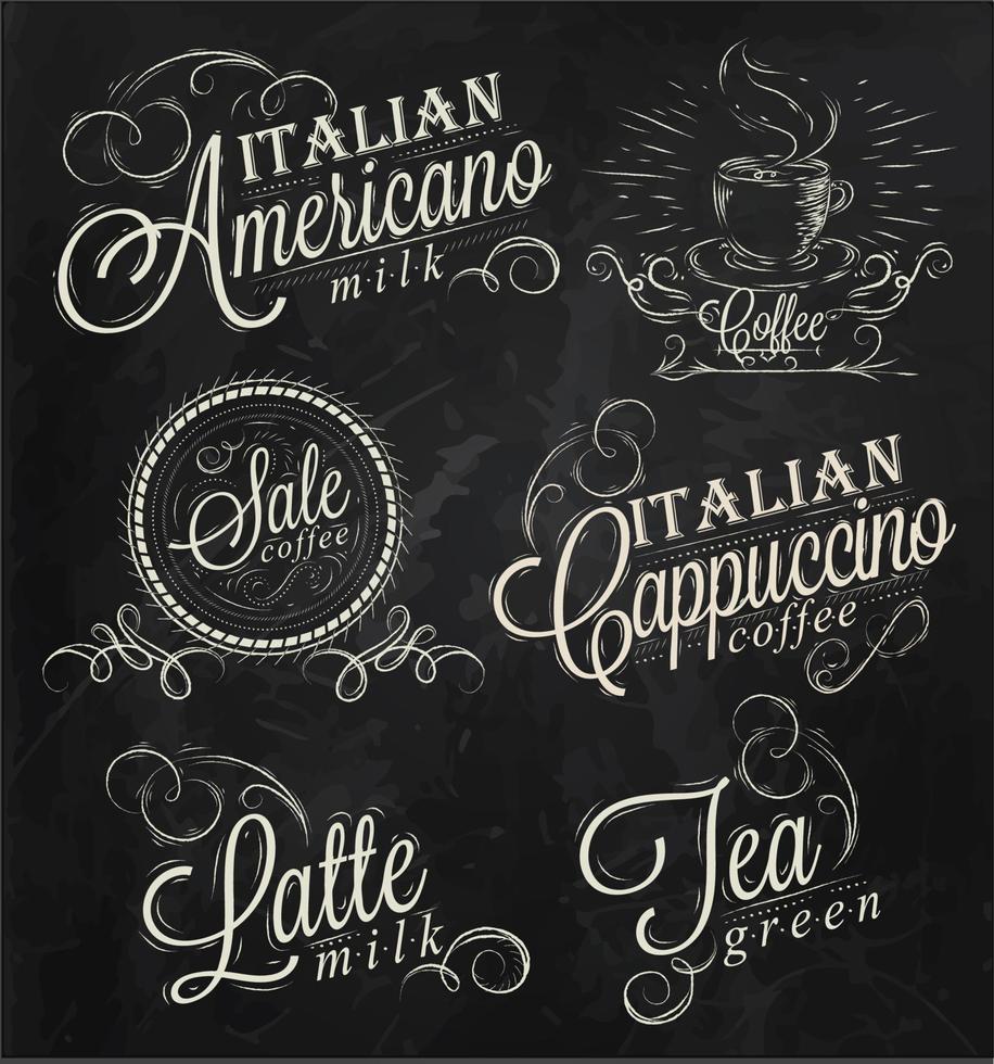 nombres de bebidas de café espresso, café con leche, inscripciones estilizadas en tiza en una pizarra vector