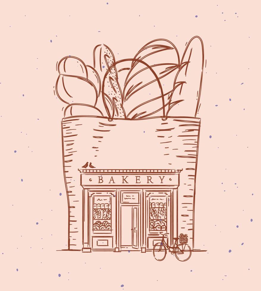 Bag with baguettes a storefront of bakery drawing in vintage style on peach color background vector