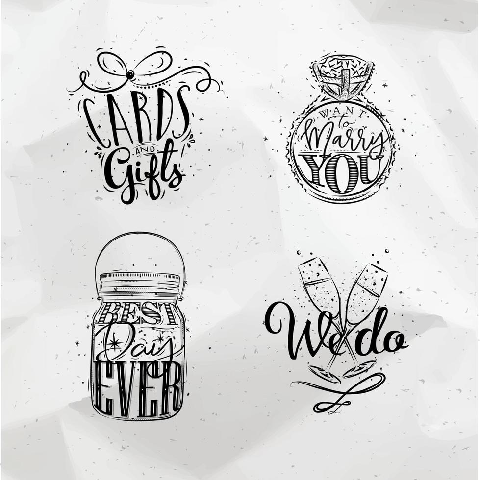 Símbolos de boda, tarjetas con letras y regalos, quiero casarme contigo, el mejor día, lo hacemos dibujando sobre fondo de papel arrugado vector