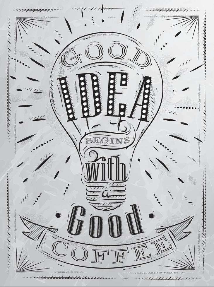 Poster good idea begins with a good coffee in retro style stylized drawing with coal on blackboard. vector