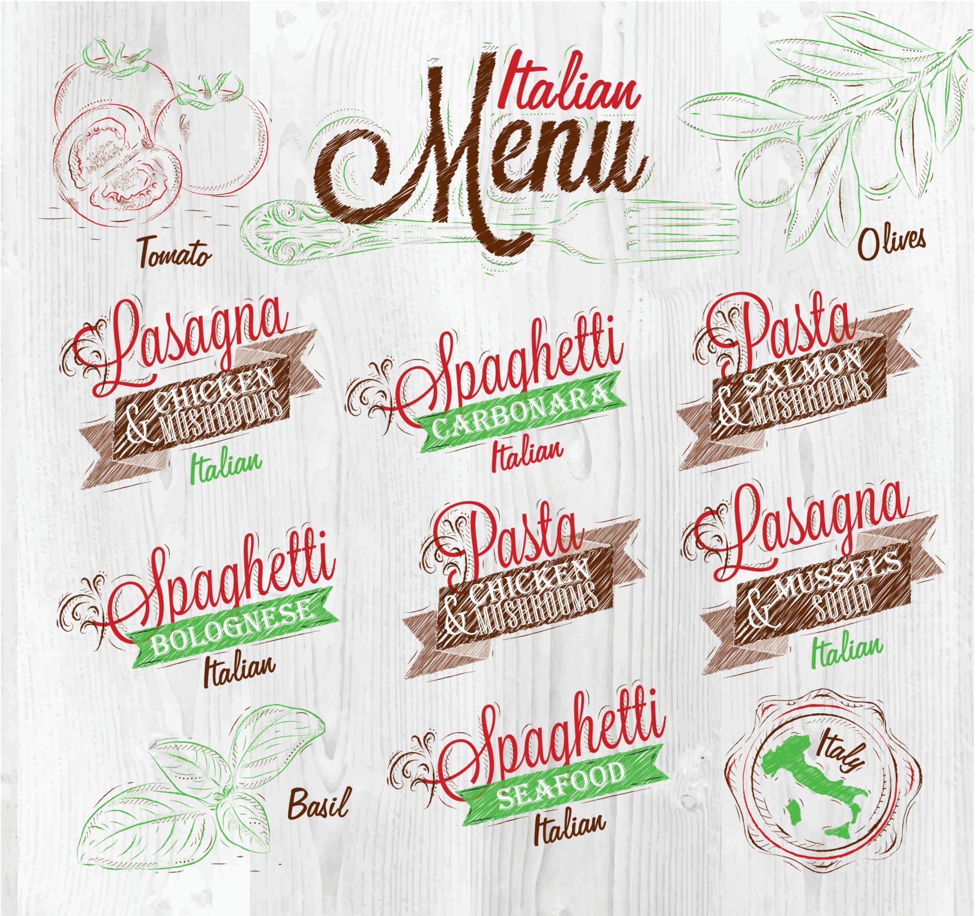 Menu Italian the names of dishes of spaghetti, lasagna, pasta carbonara