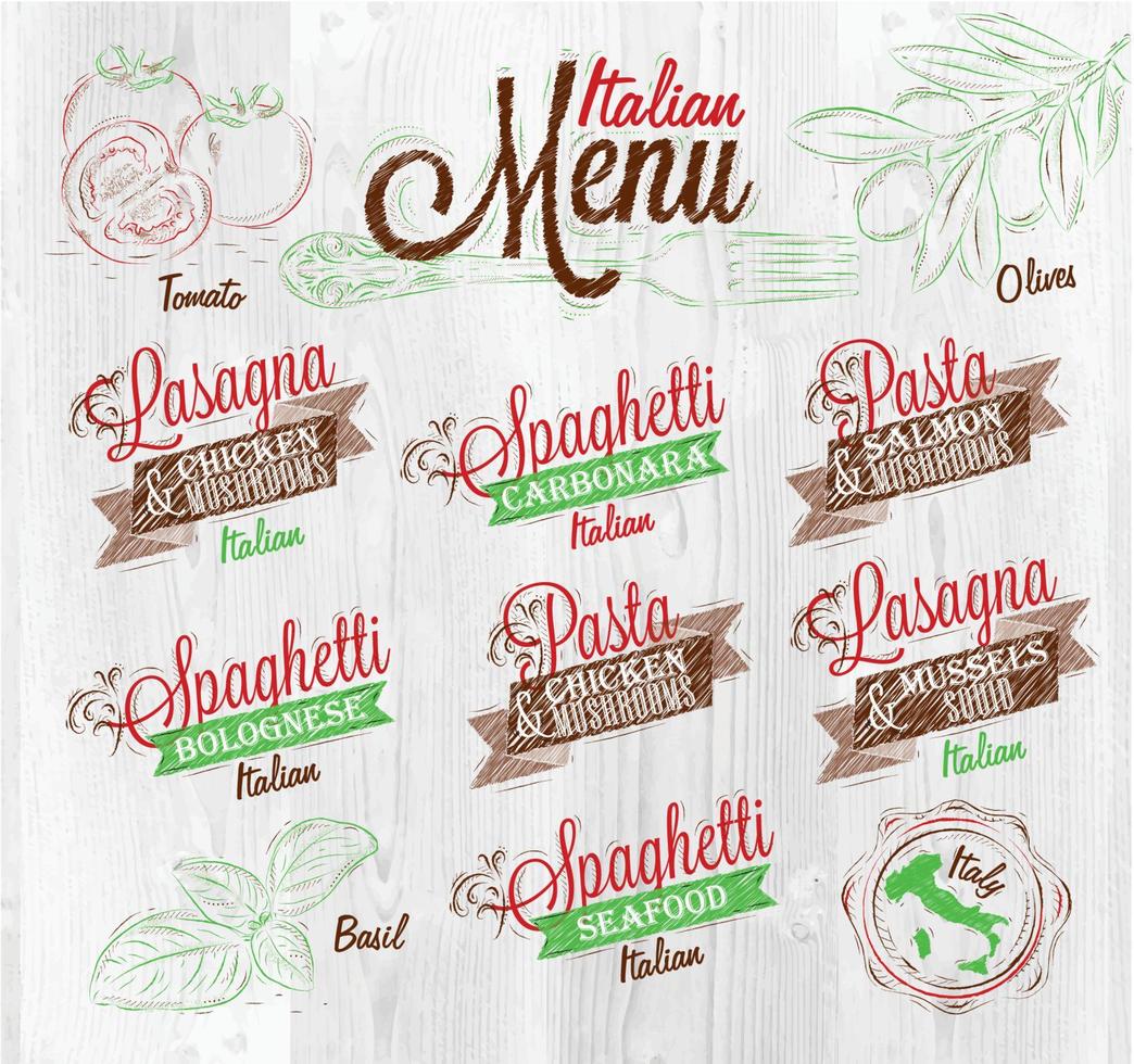 menú italiano los nombres de los platos de espagueti, lasaña, pasta carbonara, boloñesa y otros ingredientes tomate, albahaca, oliva para diseñar un menú estilizado en el fondo de madera blanqueada vector