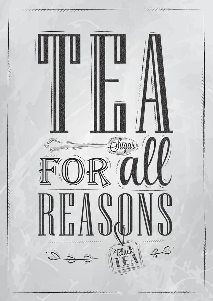 Poster Tea For all Reasons in retro style stylized drawing in charcoal on board. vector
