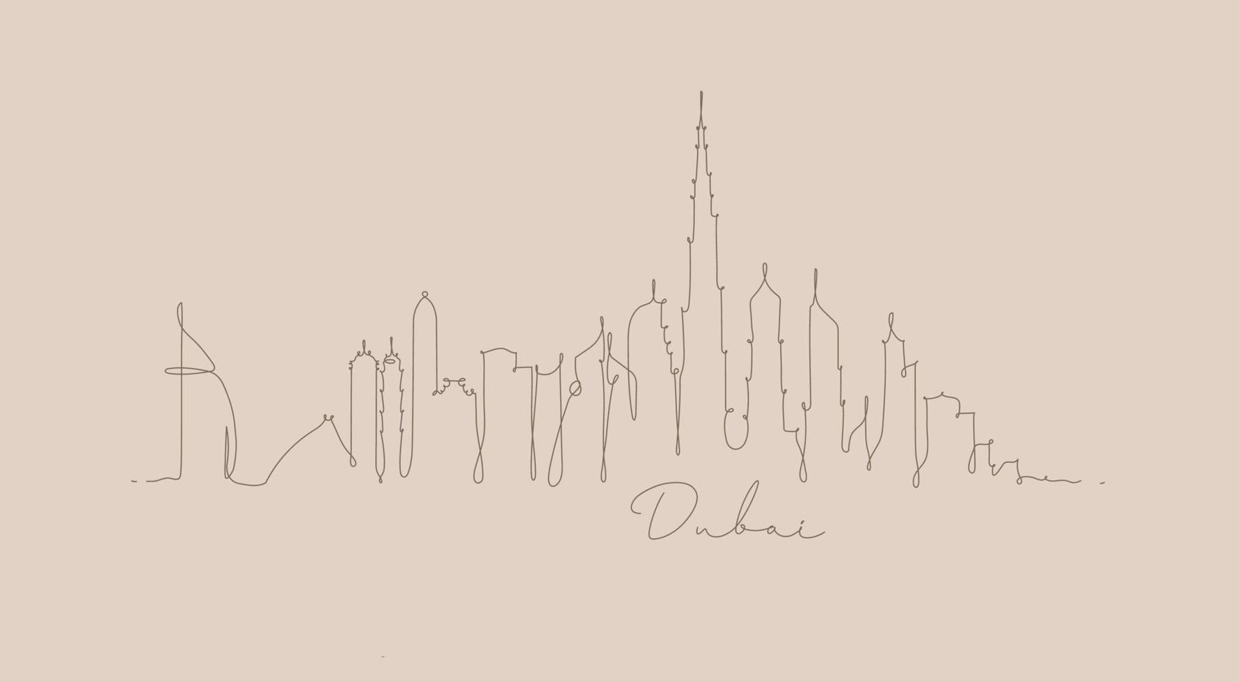 silueta de la ciudad dubai en estilo de línea de lápiz con líneas marrones sobre fondo beige vector