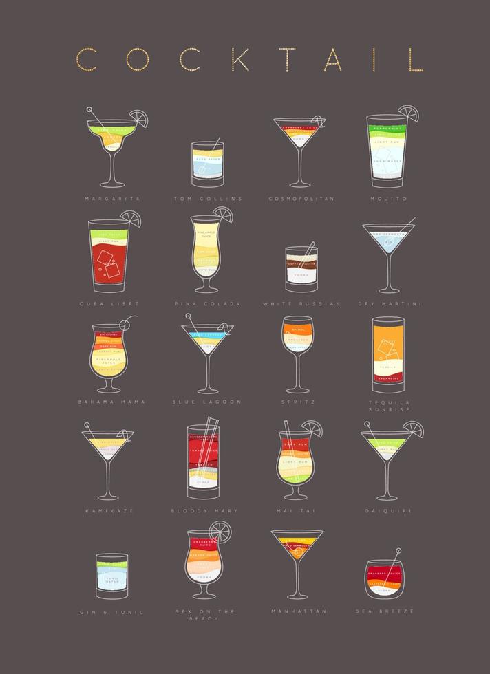 Poster flat cocktails menu with glass, recipes and names of cocktails drinks drawing on brown background vector