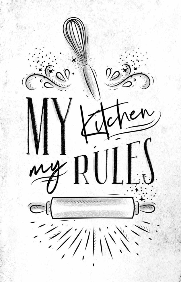 Poster with illustrated pastry equipment lettering my kitchen rules in hand drawing style on dirty paper background. vector