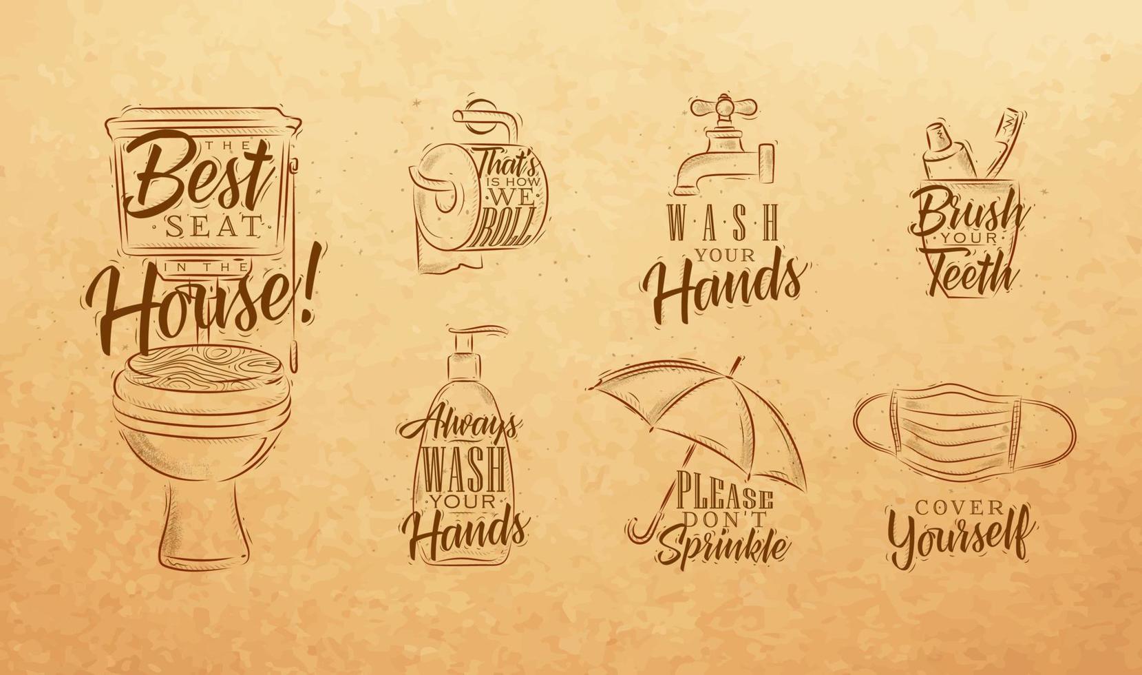 Set of toilet symbols in retro style with lettering drawing on craft paper background vector