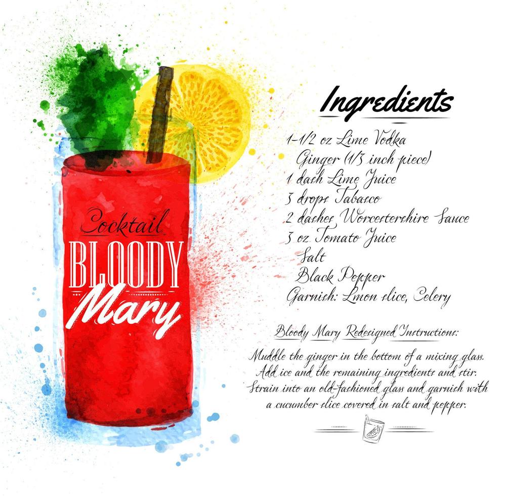 Bloody mary cocktails drawn watercolor blots and stains with a spray, including recipes and ingredients vector