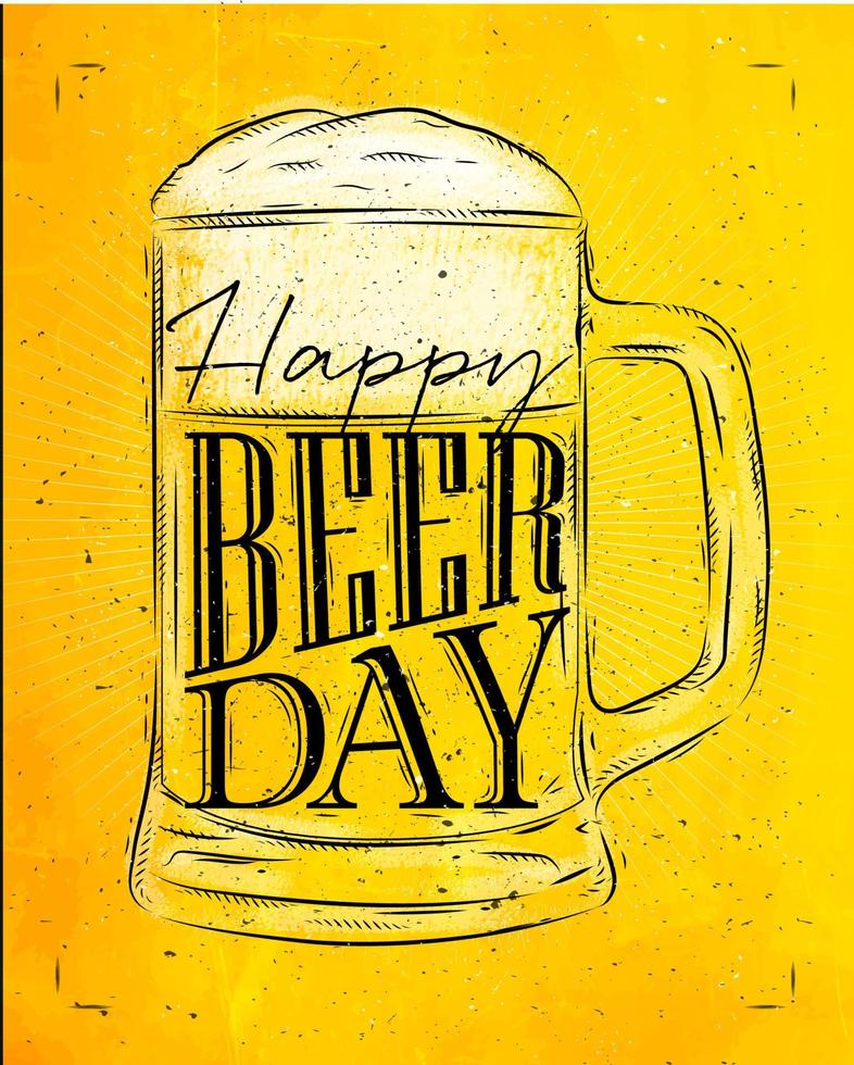 cartel de vidrio de cerveza letras feliz día de la cerveza dibujo en estilo vintage con carbón sobre fondo de papel amarillo vector