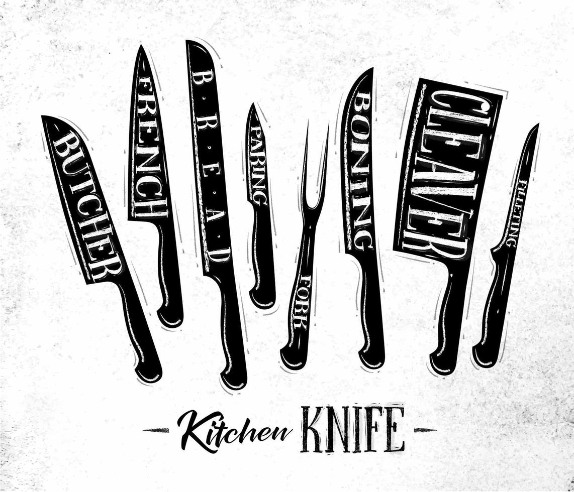 Poster kitchen meat cutting knifes butcher, french, bread, paring, fork, boning, cleaver, filleting drawing in vintage style on dirty paper background vector